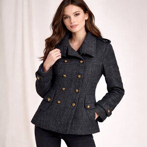 Steve Madden Black Tweed Military Coat Double-Breasted Wool Blend Jacket Size M